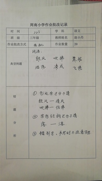 3月三年级语文作业典型错题分析记录表